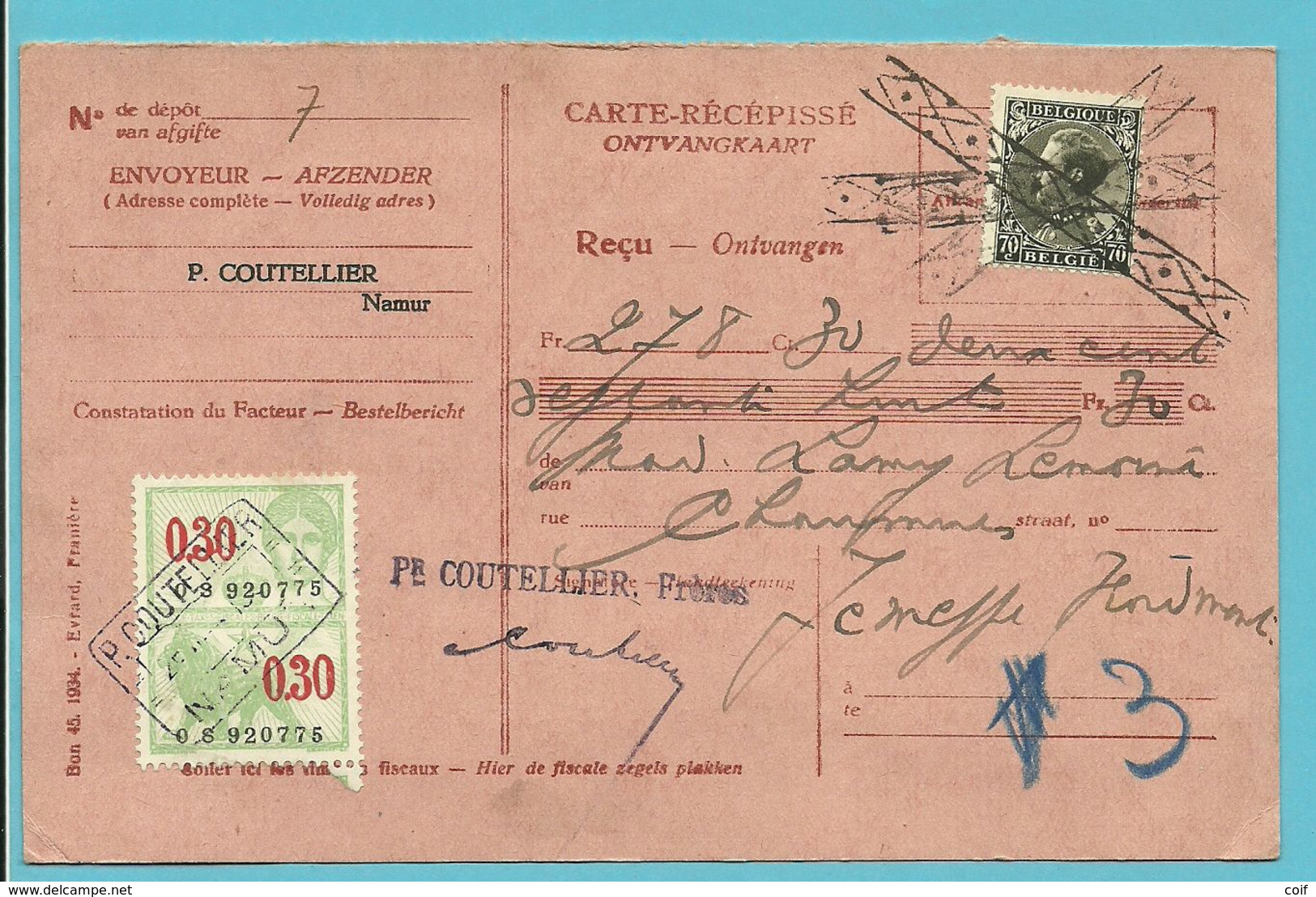 401 Op Ontvangkaart / Carte-recepisse  Vanuit NAMUR, Ontwaard Met ROL-stempel - 1934-1935 Leopold III.