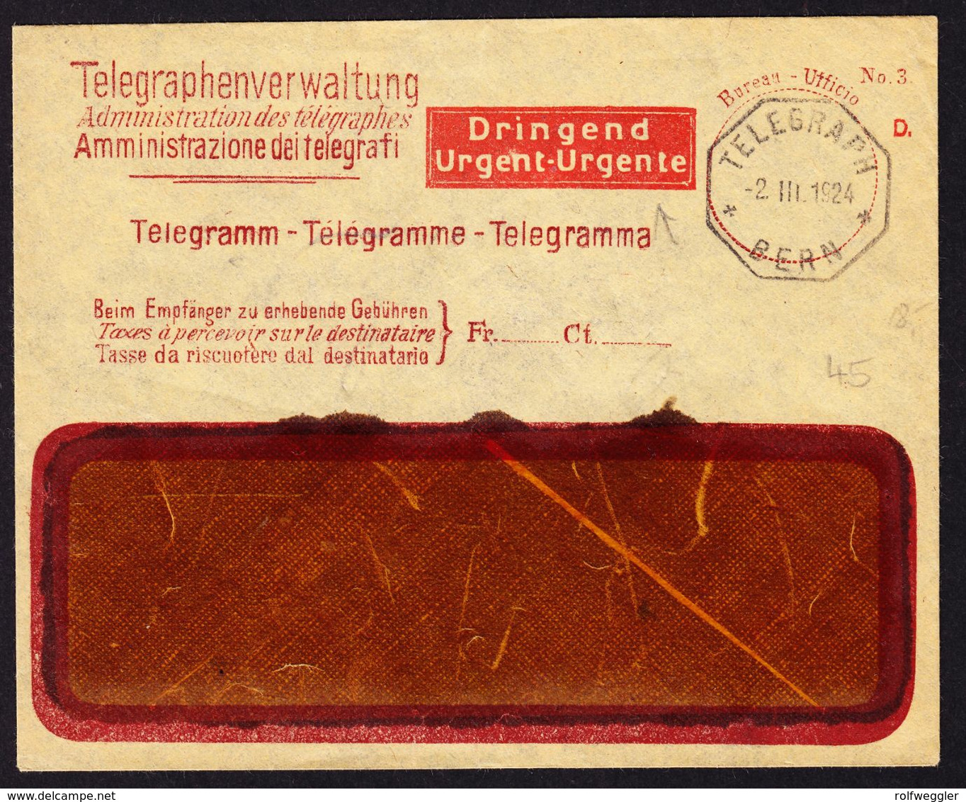 1924 Fenstercouvert Der Telegrafenverwaltung Mit Zudruck "Dringend". Stempel 2.III.1924 Bern - Telégrafo