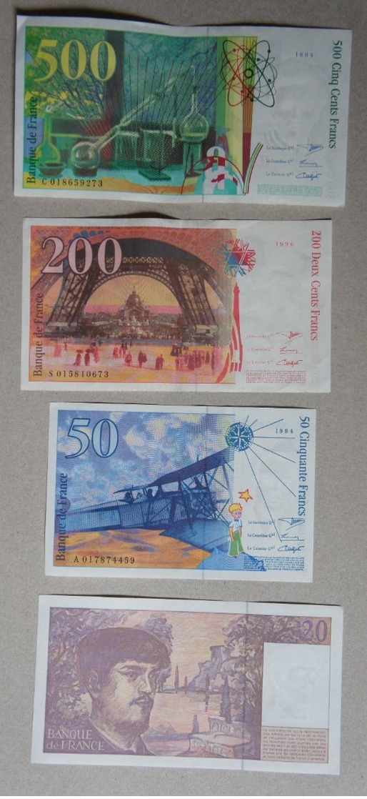 Set Of 4 French Bank Notes- 500Fr, 200Fr, 50Fr, 20Fr - 500 F 1994-2000 ''Pierre Et Marie Curie''