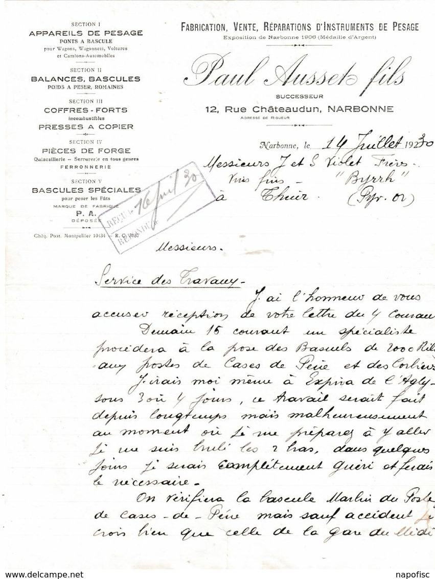 11-P.Ausset..Fabrication, Vente, Réparations D'Instruments De Pesage...Narbonne...(Aude)..1930 - Otros & Sin Clasificación