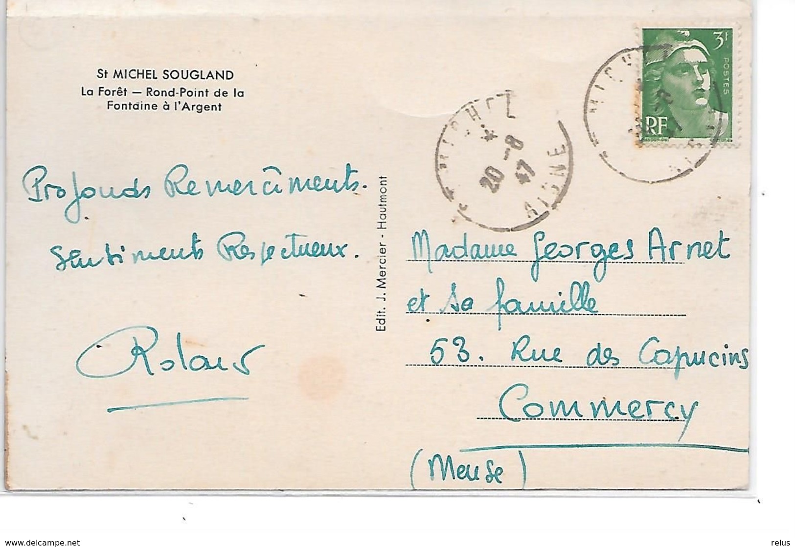 DEP. 02 CPSM ST-MICHEL-SOUGLAND - LA FORET - ROND-POINT DE LA FONTAINE A L'ARGENT Carte Colorisée Et Circulée - Autres & Non Classés