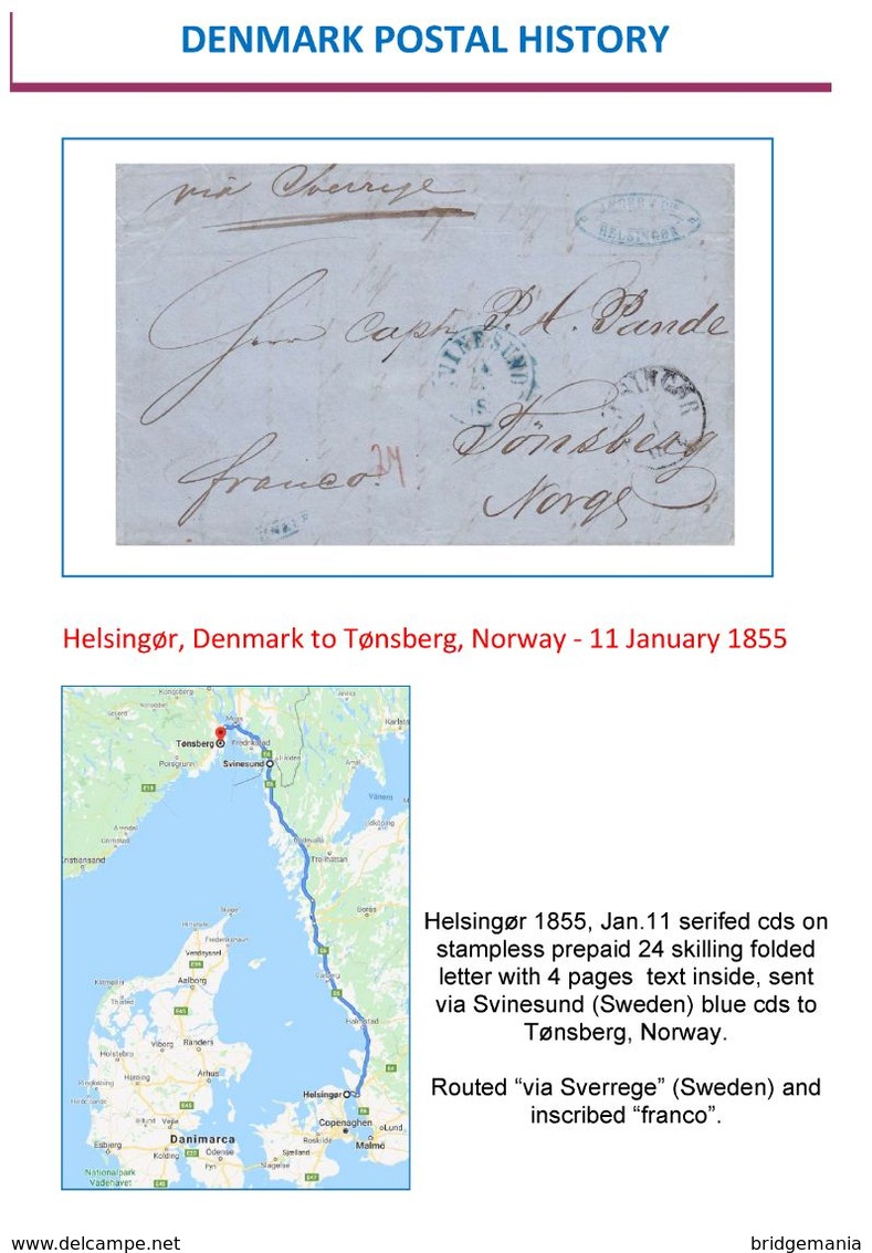 AC078 - 1855 DENMARK Rare Old Letter To Norway Via Sweden From HELSINBORG To TONSBERG Via SVINESUND - Covers & Documents