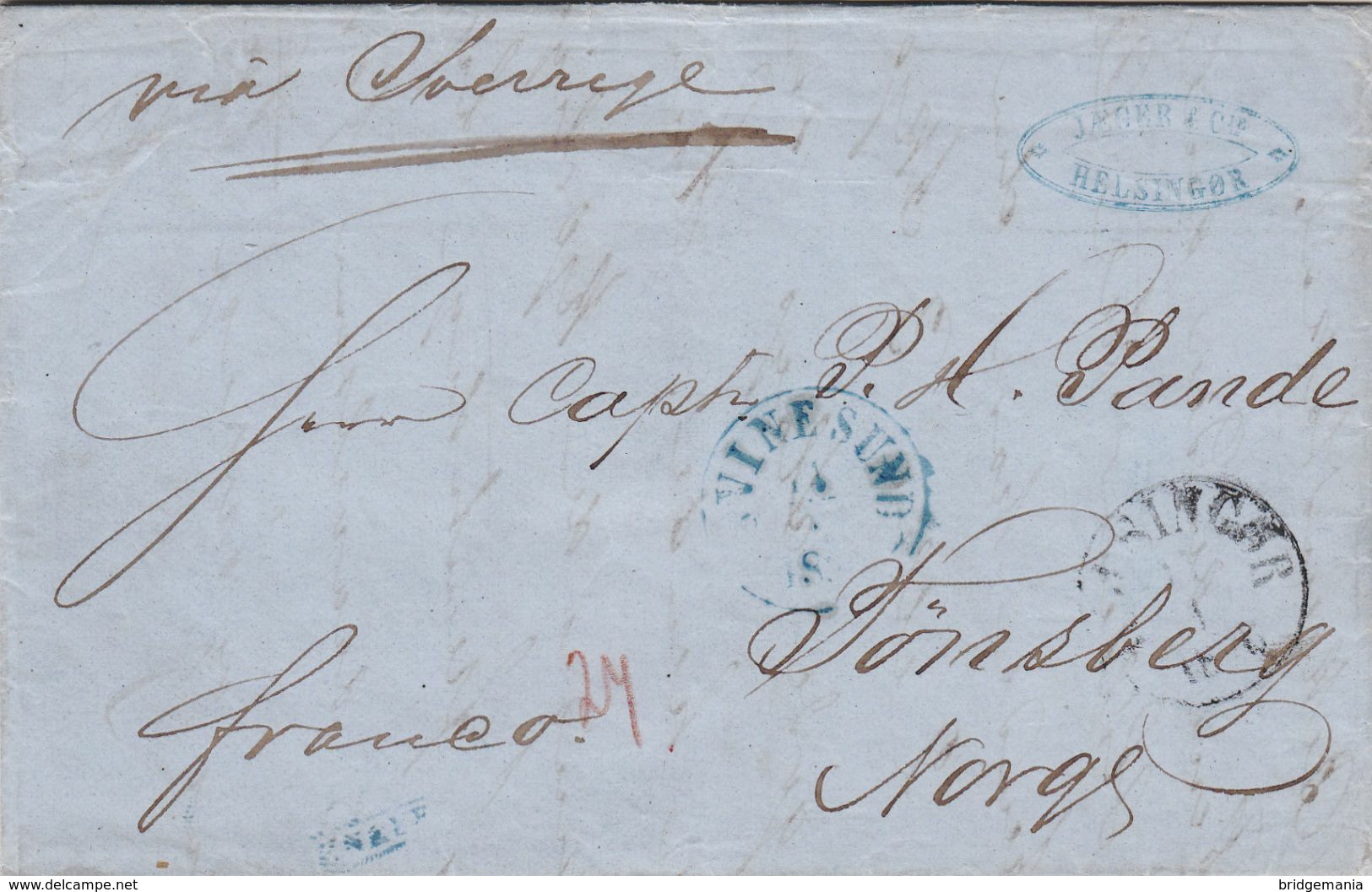 AC078 - 1855 DENMARK Rare Old Letter To Norway Via Sweden From HELSINBORG To TONSBERG Via SVINESUND - Briefe U. Dokumente