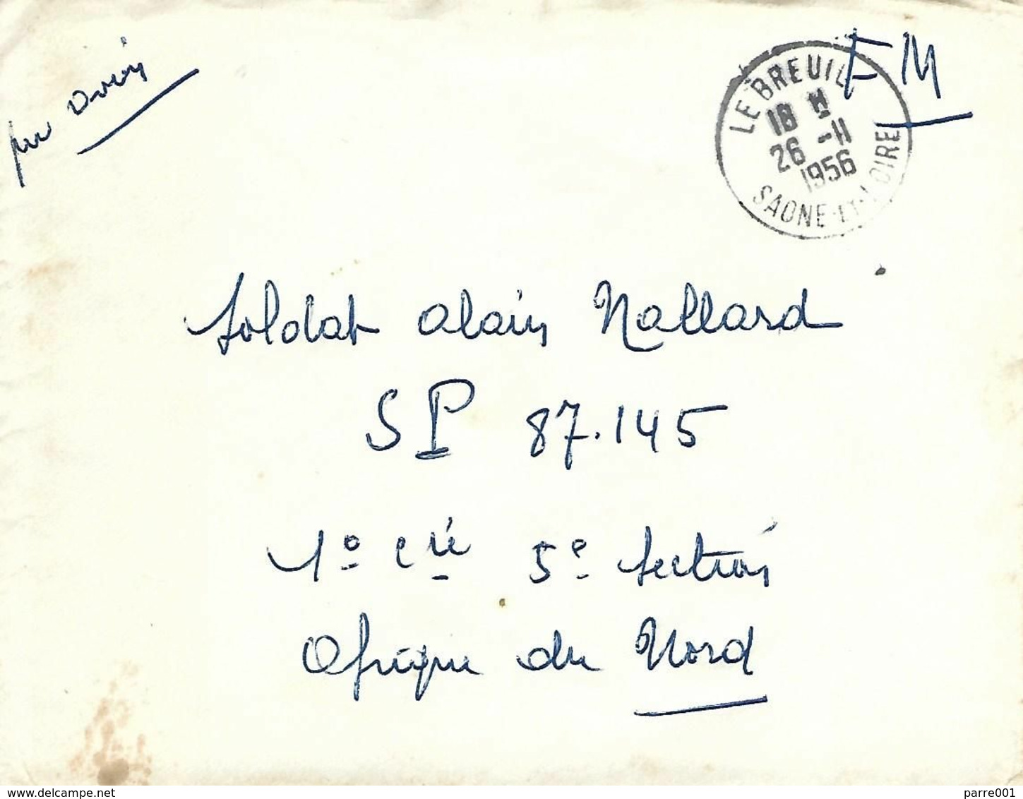 France 1956 Le Breuil Saone Et Loire SP 87.145 Guerre Algerie AFN Militair FM Forces Cover - Militaria