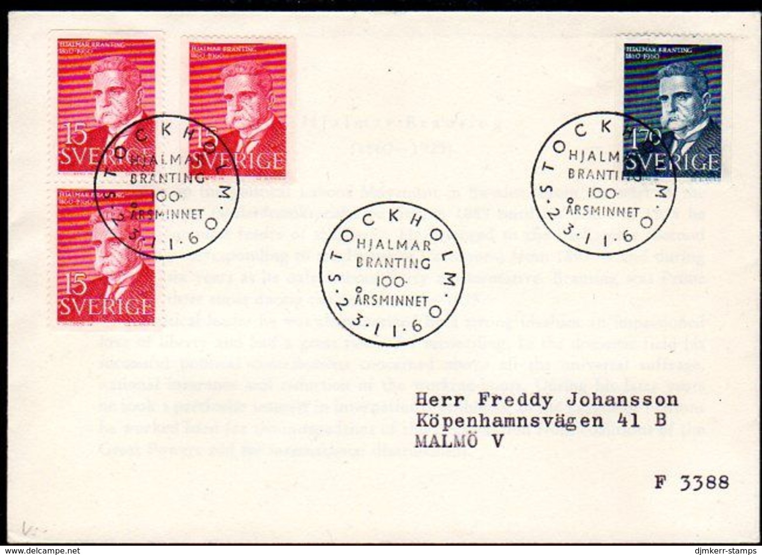 SWEDEN 1960 Branting Centenary FDC.  Michel 465-66 - FDC