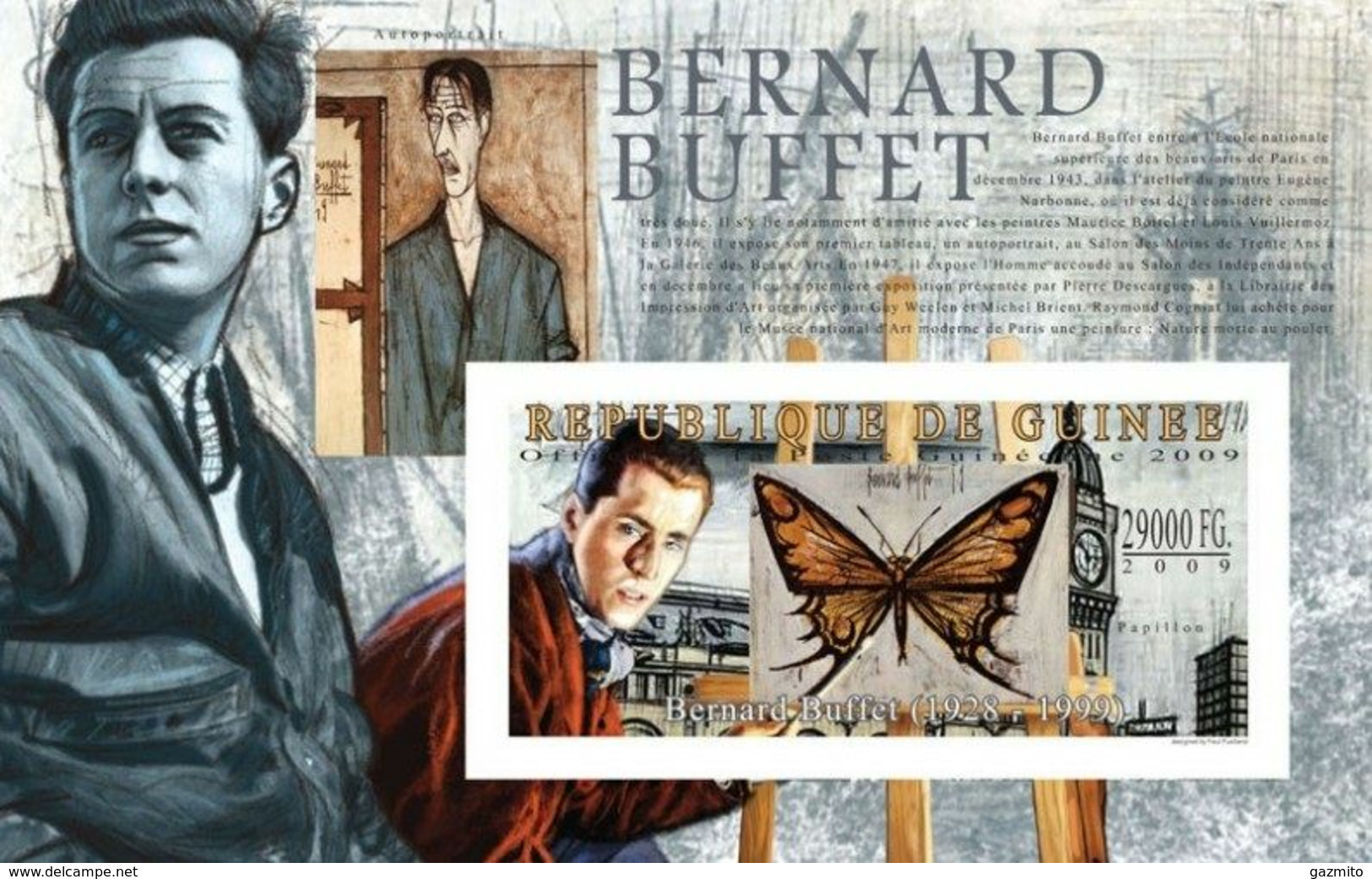 Guinea 2009, Art, Bernard Buffet, Butterfly, Clock BF IMPERFORATED - Horlogerie