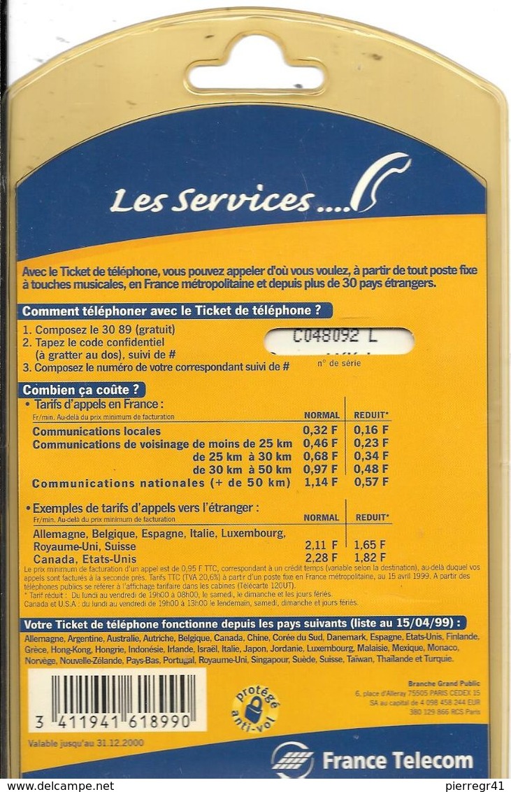 TICKET TELEPHONE-100F-31/12/2000-COMPTEUR--CODE N°C048092L-NEUF-sous Encart Scéllé De Vente-TBE - FT