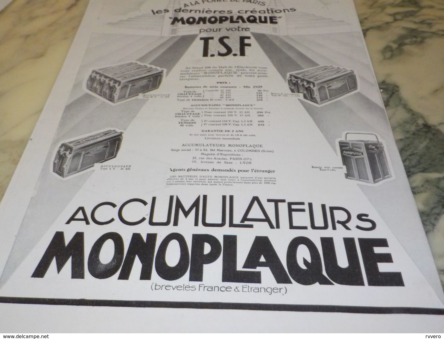 ANCIENNE PUBLICITE ACCUMULATEUR MONOPLAQUE TSF 1929 - Autres & Non Classés