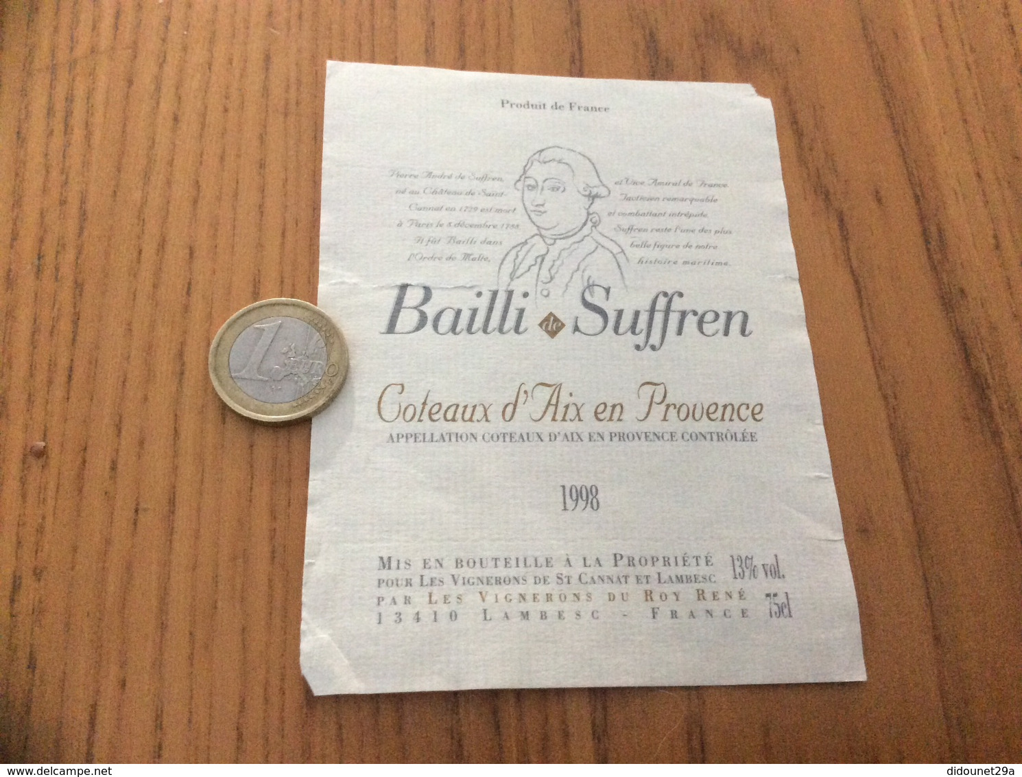 Etiquette Vin 1998 «COTEAUX D’AIX EN PROVENCE - BAILLI DE SUFFREN - LES VIGNERONS DU ROY RENÉ - LAMBESC (13)» - Vino Rosato