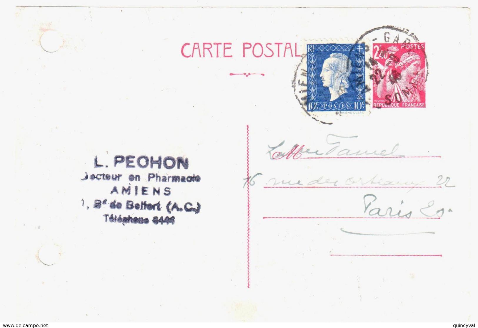 AMIENS-GARE Somme Carte Postale Entier 2,40 F Iris Rouge Complément 10c Dulac Yv 654-CP1 682 Ob 22 8 1946 - Postales Tipos Y (antes De 1995)