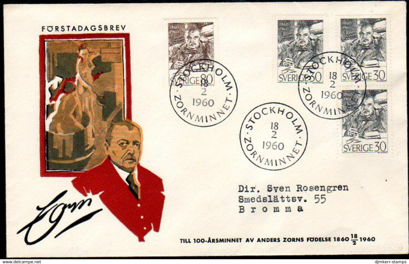 SWEDEN 1960 Zorn Centenary FDC.  Michel 455-56 - FDC