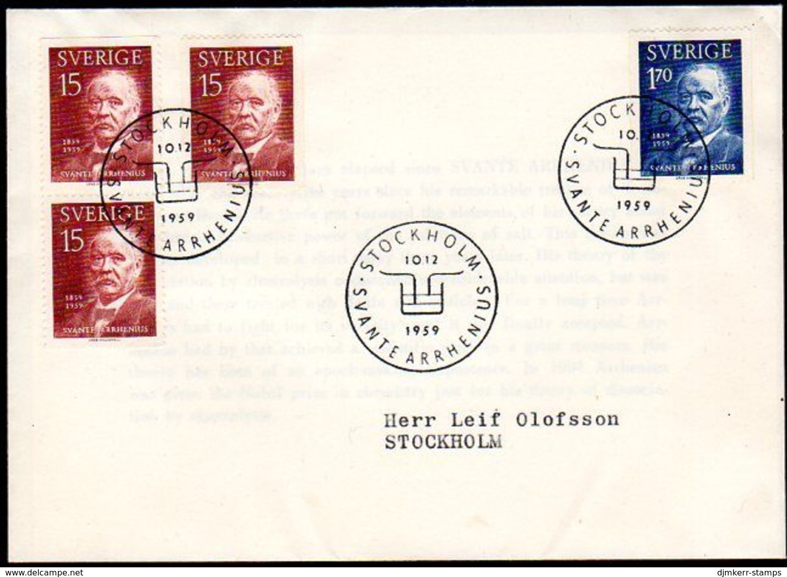 SWEDEN 1959 Svante Centenary FDC.  Michel 453-54 - FDC