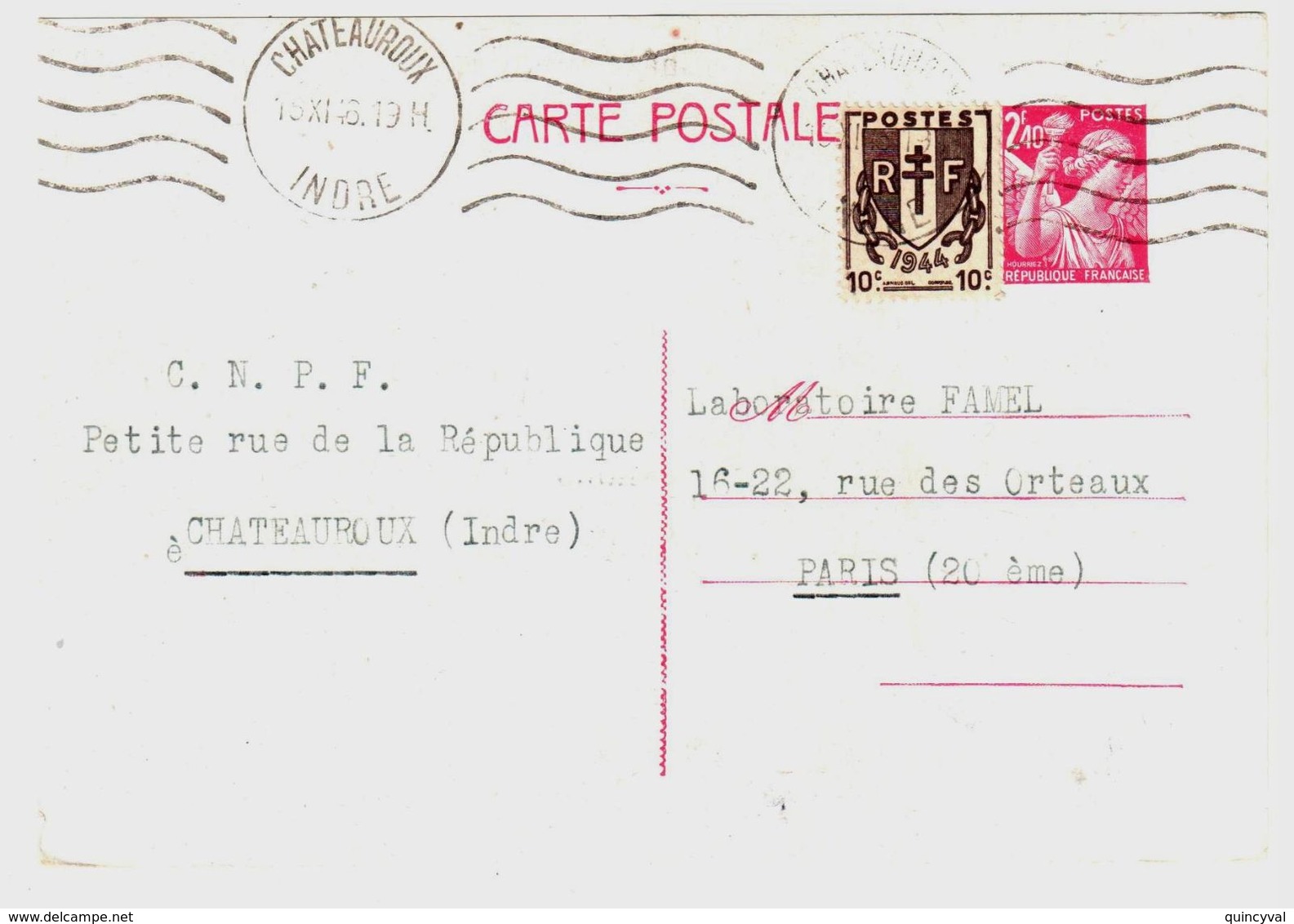 CHATEAUROUX Indre Carte Postale Entier 2,40F Iris Rouge Complément 10c Chaînes Brisées Yv 654-CP1 670 Ob Meca 16 11 1946 - Standard Postcards & Stamped On Demand (before 1995)