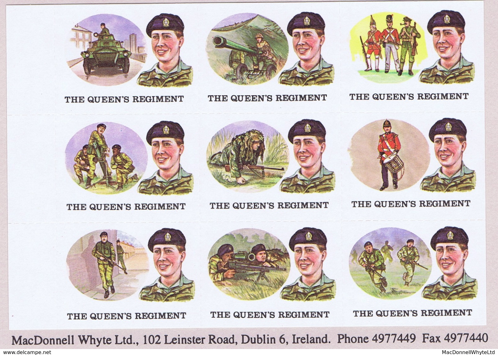 Ireland Military AirNorthern Ireland 1980s THE QUEENS REGIMENT Etiquettes For Forces Airmail, Sheet Of Nine Designs Mint - Other & Unclassified