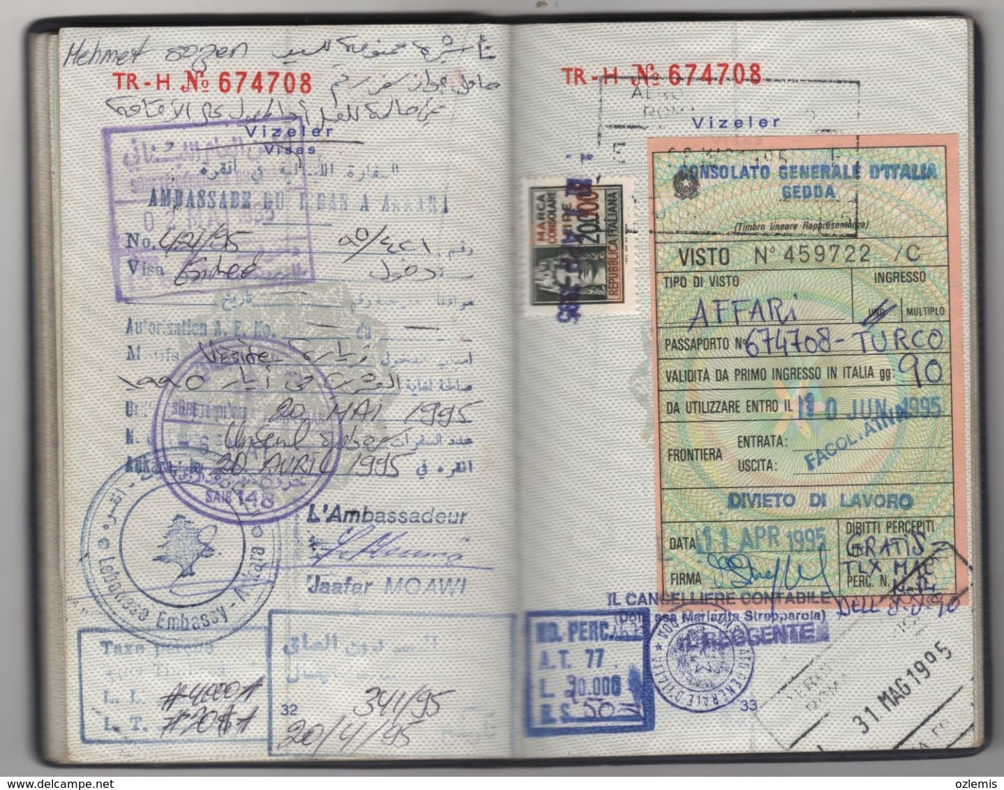 1989 PASSPORT, PASSEPORT ,ITALIA , ENGLAND,FINLAND,USA,GERMANY,SUOSSE,EGYPT,SAUDI ARABIA VİSA AND FISCALS