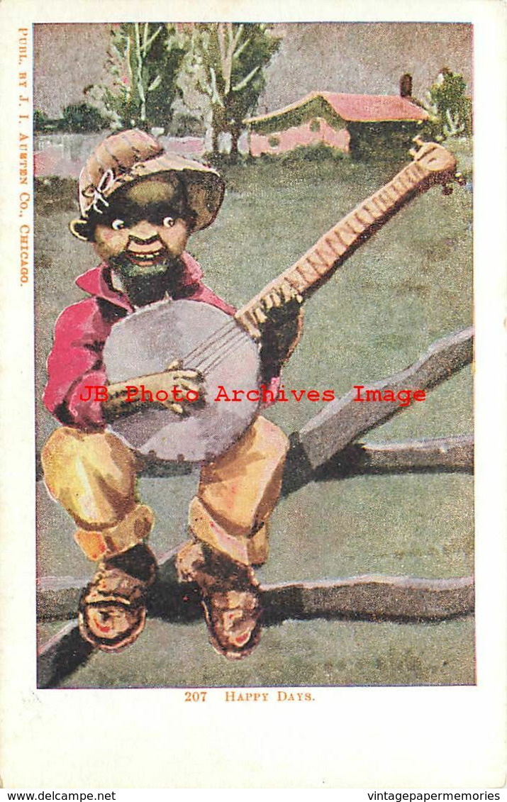 313097-Black Americana, JI Austen No 207, Happy Days, Boy Sitting On Fence Playing Banjo - Black Americana