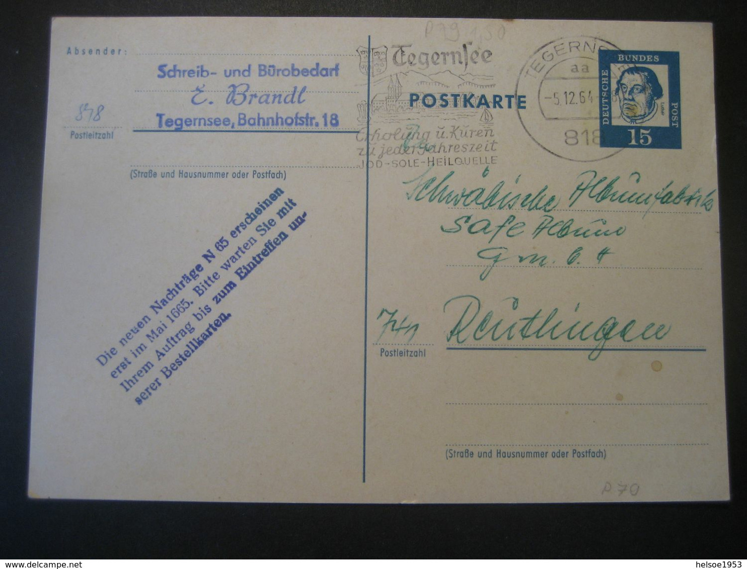 Deutschland BRD Ganzsache 1964- Geschäfts-Postkarte Aus Tegernsee An Die Fa. Safe Reutlingen - Cartes Postales - Oblitérées