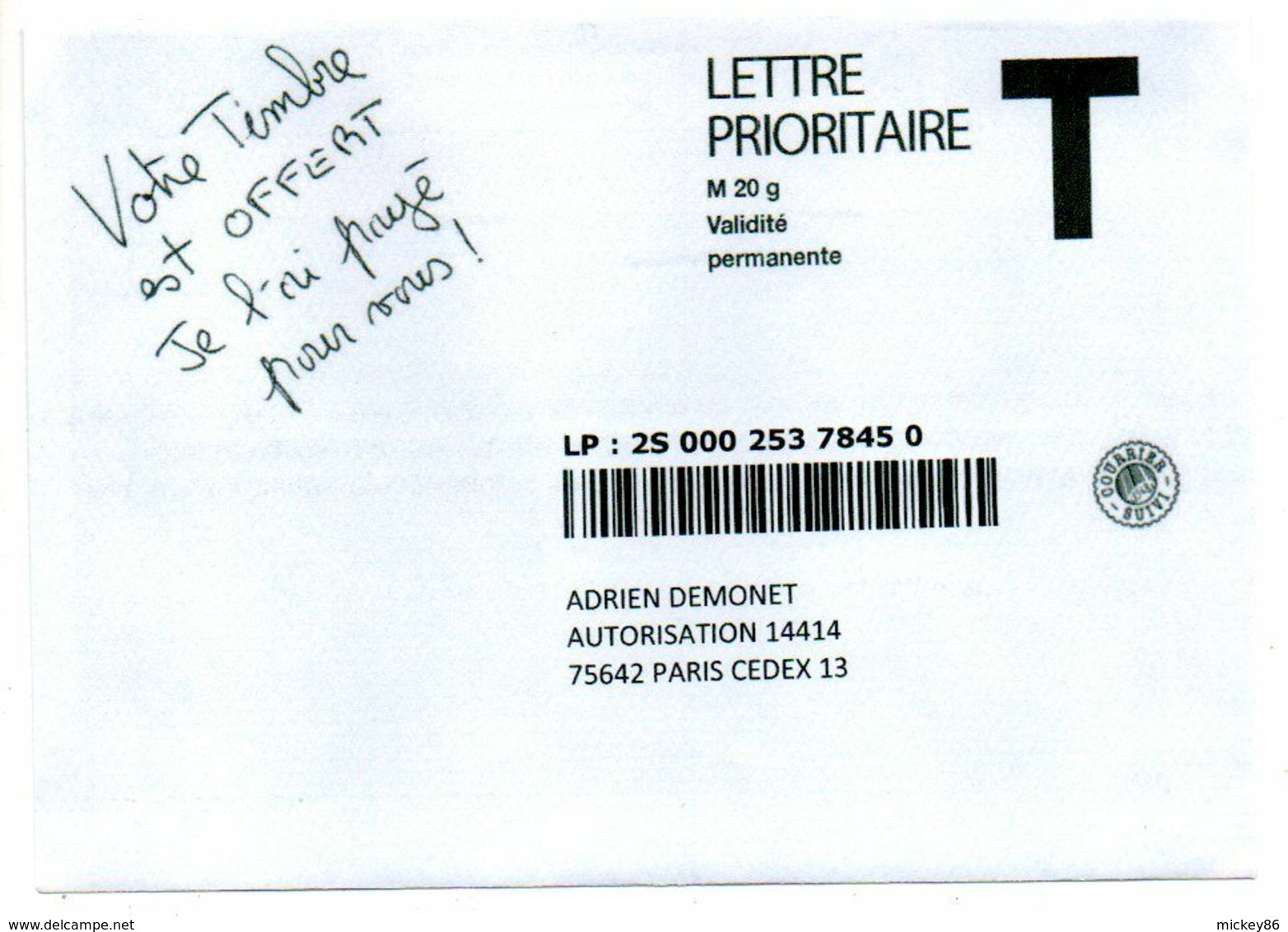 Entier  -- Enveloppe Réponse  Suivie  T ---DEMONET --- NEUF  .....à Saisir - Cartes/Enveloppes Réponse T