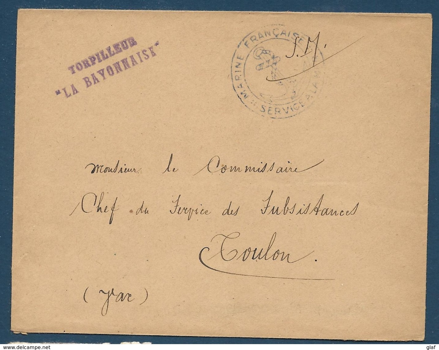 Poste Navale : Griffe Torpilleur La Bayonnaise Sur Lettre De Service En Franchise + Lettre Expédié De La Bayonnaise 1940 - Scheepspost