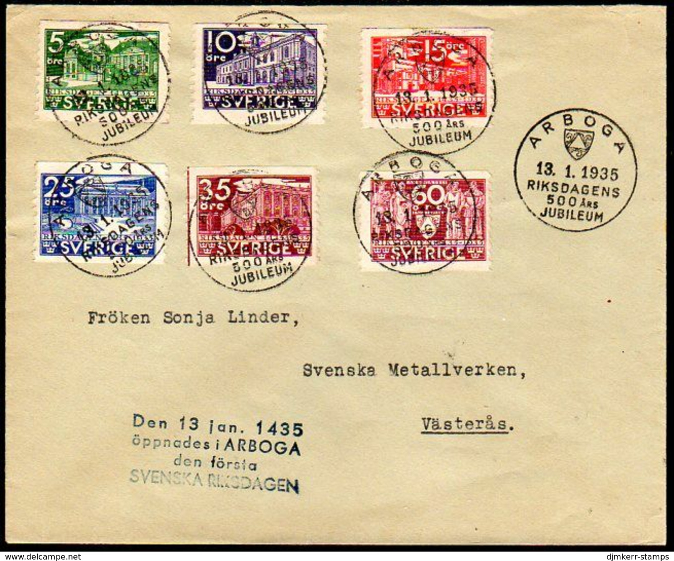 SWEDEN 1935 Parliament 250th Anniversary With Commemorative Postmark (not FDC).  Michel 221-26 - FDC