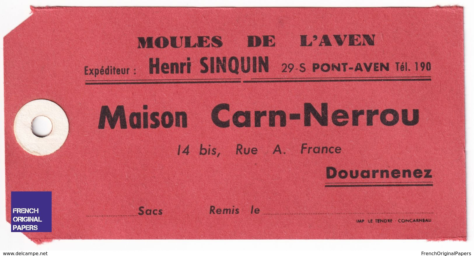 Rare étiquette Ancienne Sac De Moules L'Aven Henri Sinquin Pont-Aven - Maison Carne-Nerrou Douarnenez - Moule A40-21 - Sammlungen