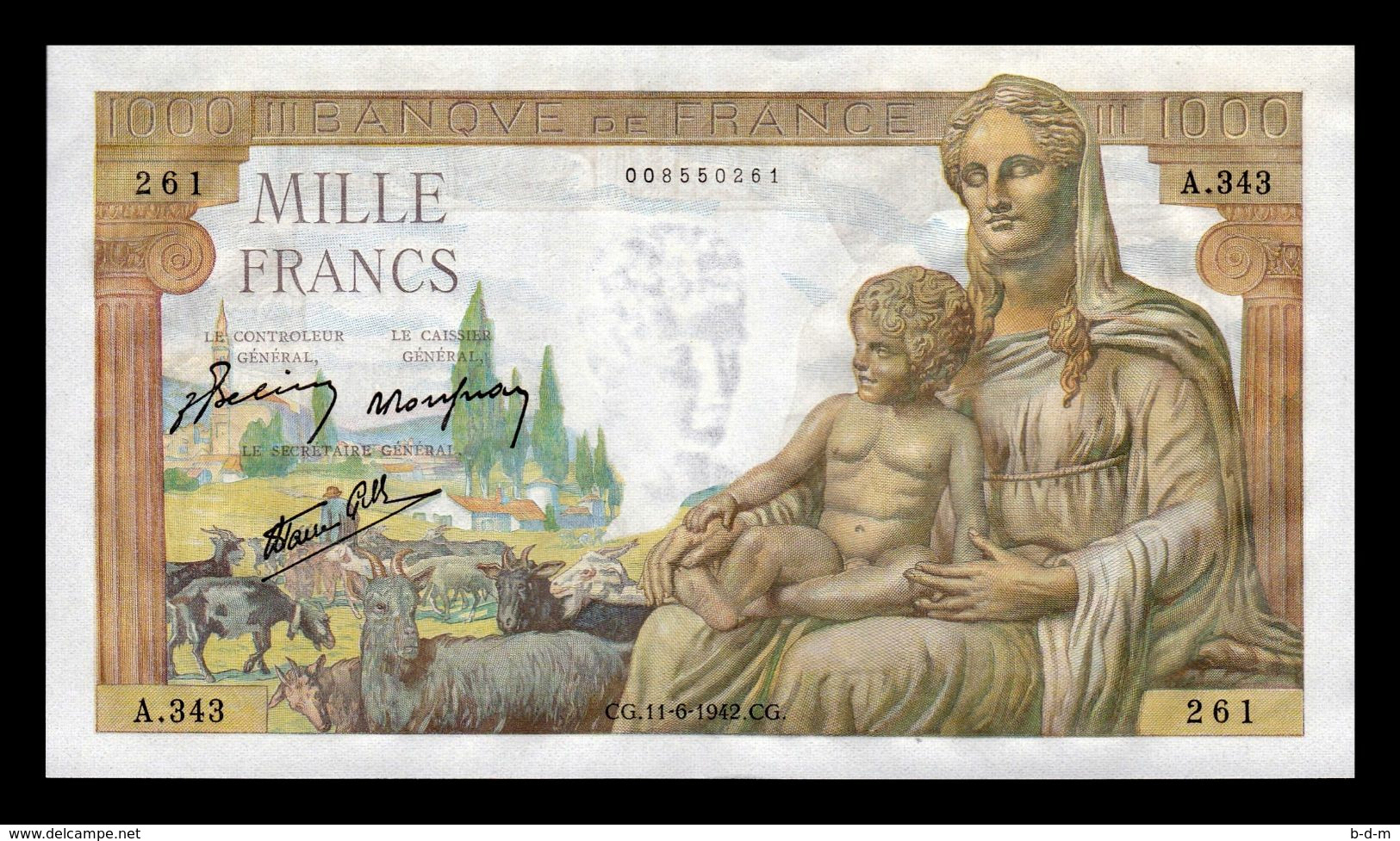 Francia France 1000 Francs Déesse Déméter 11.06.1942 Pick 102 SC UNC - 1 000 F 1942-1943 ''Déesse Déméter''