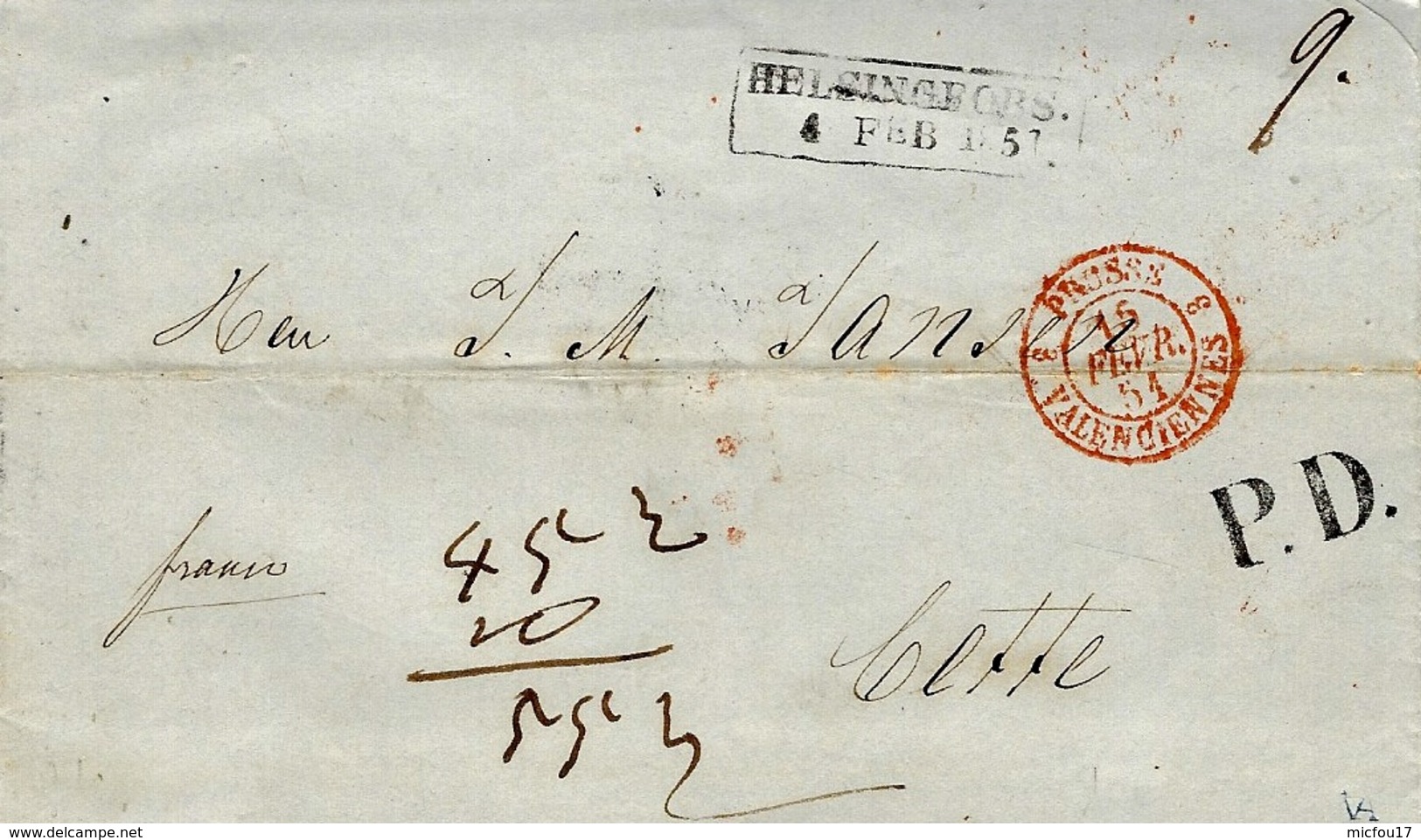 1851- Letter From HELSINGFORS / 4 FEB 1851 Framed  To Cette ( South Of France ) + " Franco " + P D - ...-1845 Prefilatelia