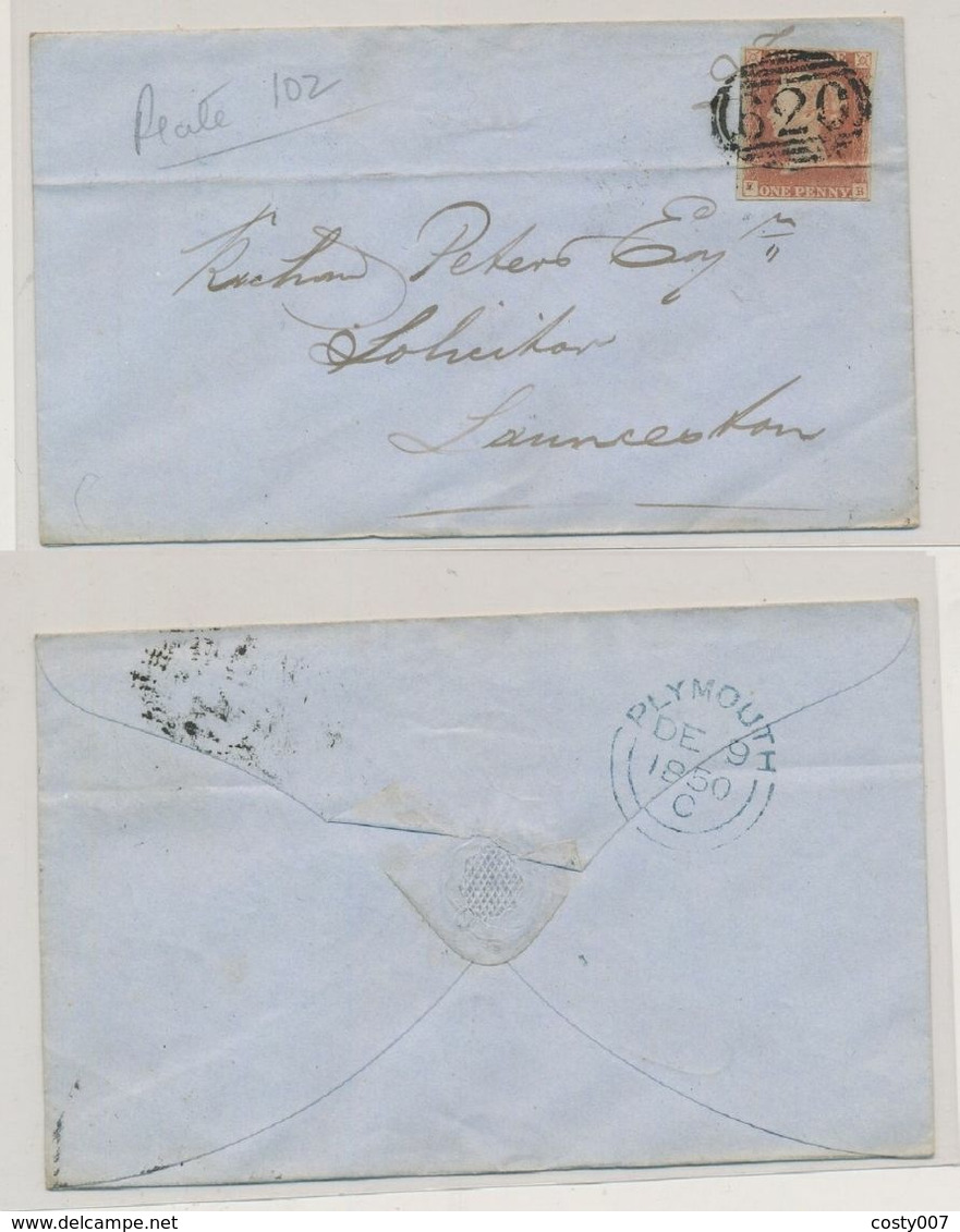 Great Britain 1850 Postal History Rare 1d Red Cover Plymouth To Launceston DG.001 - Covers & Documents