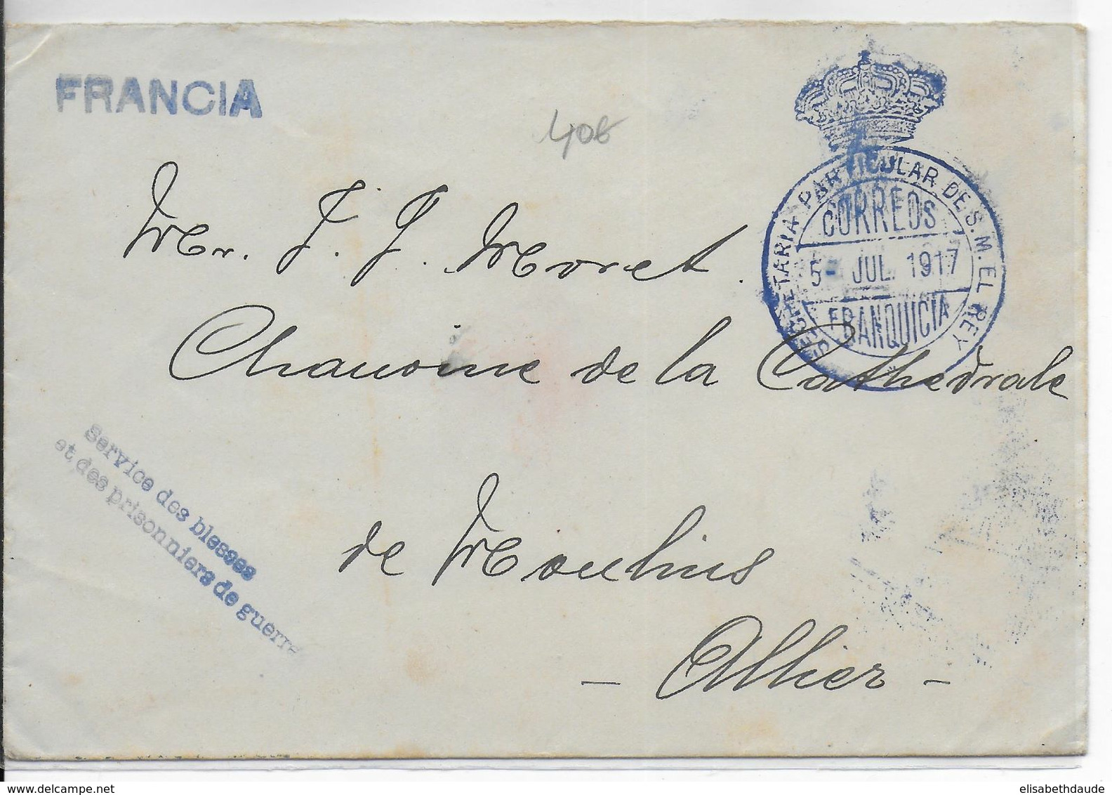 ESPAGNE - 1917 - ENV. FRANCHISE Du SECRETAIRE PARTICULIER De S.M LE ROI - SERVICE Des BLESSES Et PRISONNIERS De GUERRE - Cartas & Documentos