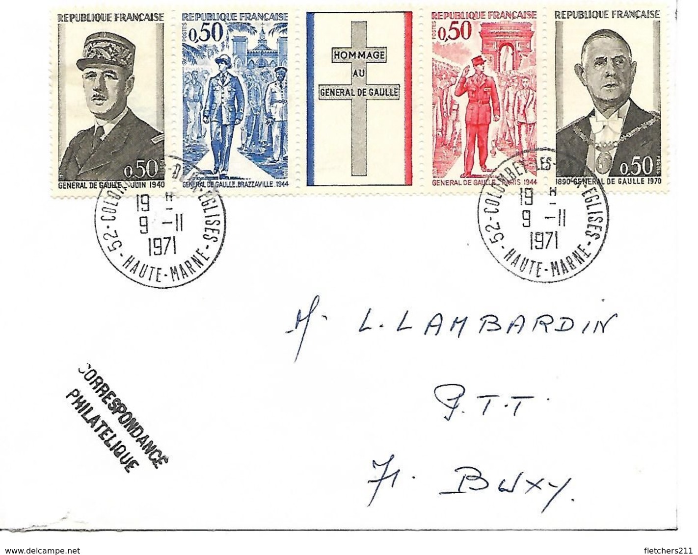 TIMBRE FRANCE OBLITERE 1971 - Lettre  - Timbres Hommage Général De Gaulle. - 1961-....