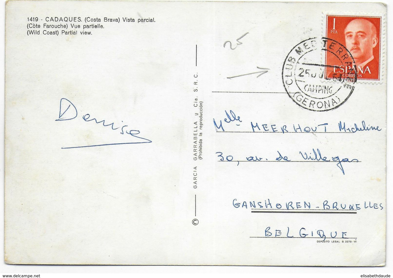 ESPAGNE - 1964 - OBLITERATION "CAMPING CLUB MEDITERRANEE GERONA" ! Sur CARTE De CADAQUES => BELGIQUE - Storia Postale