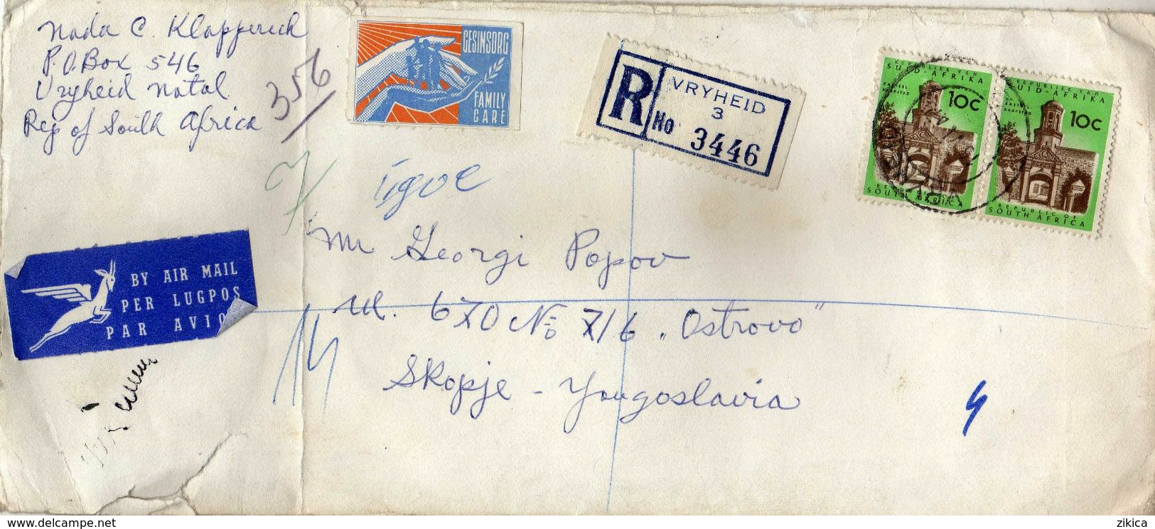RSA South Africa Cover Vryheid To Yugoslavia.Skopje 1970,R - Letter,Gesinsorg, Family Care - Lettres & Documents