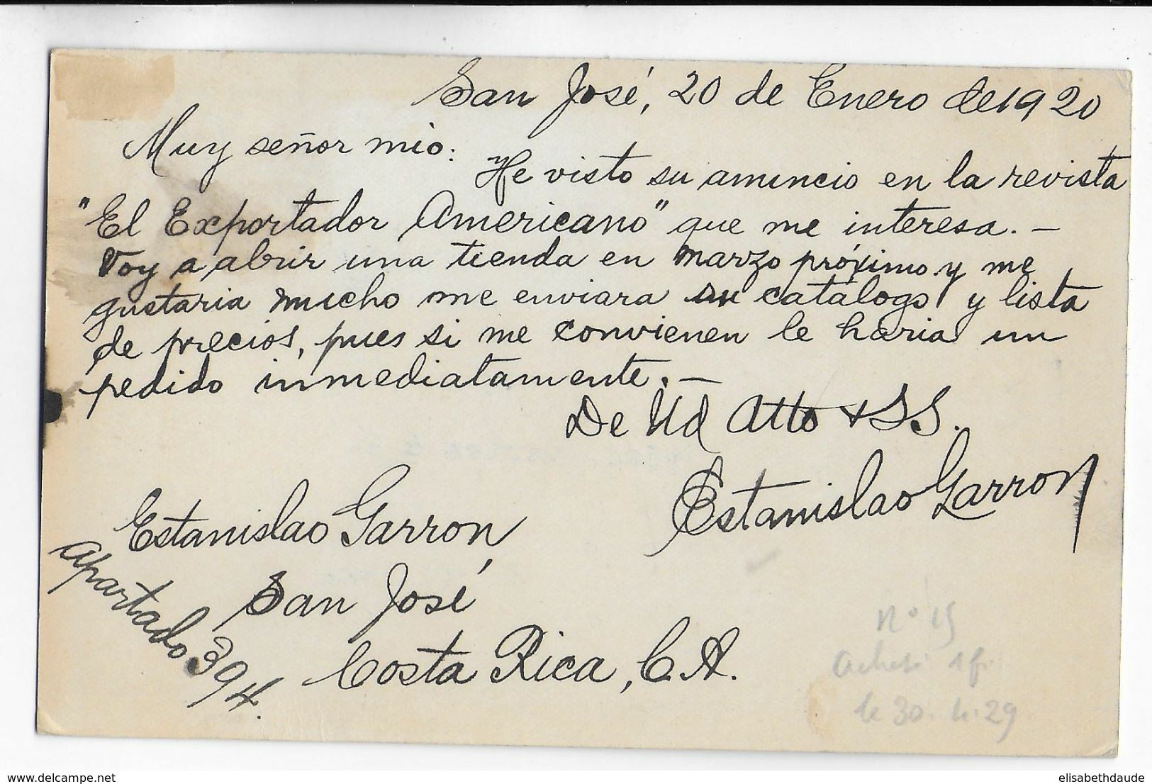 COSTA RICA - 1920 - CARTE ENTIER POSTAL De SAN JOSE => NEW YORK (USA) - Costa Rica