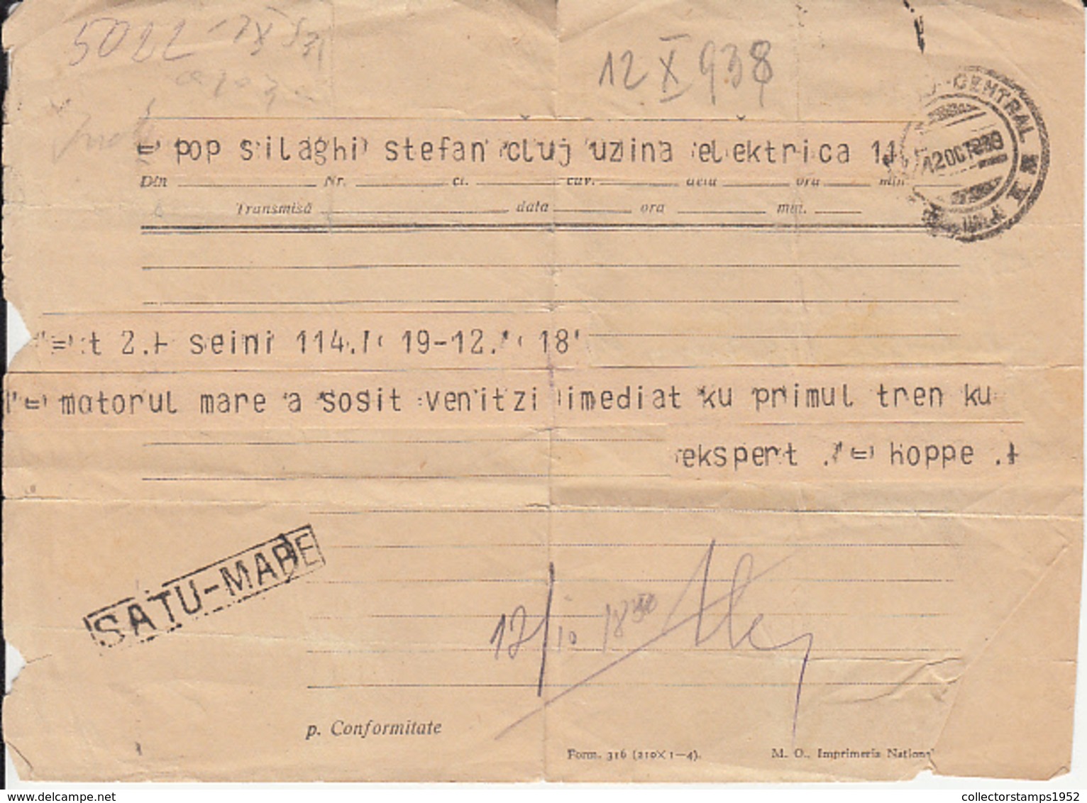 89630- TELEGRAMME SENT FROM SATU MARE TO CLUJ NAPOCA POWER PLANT, 1938, ROMANIA - Telegraph