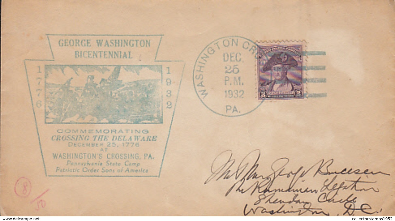 89632- CROSSING THE DELAWARE, GEORGE WASHINGTON, FAMOUS PEOPLE, SPECIAL COVER, 1932, USA - George Washington