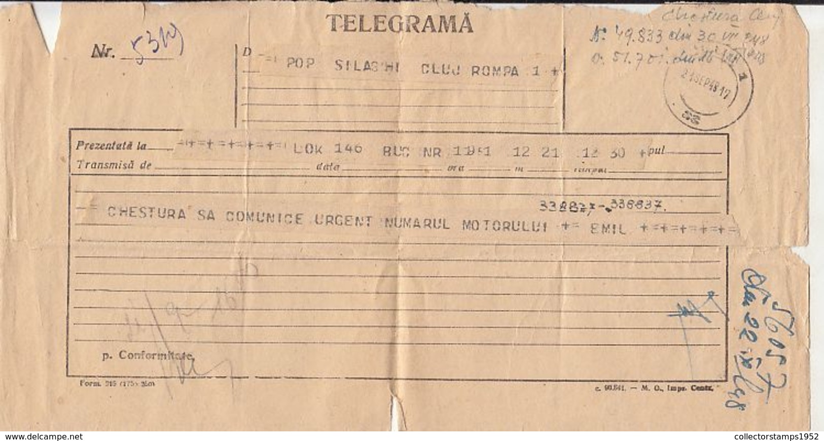 89631- TELEGRAMME SENT FROM BUCHAREST TO CLUJ NAPOCA, 1948, ROMANIA - Télégraphes