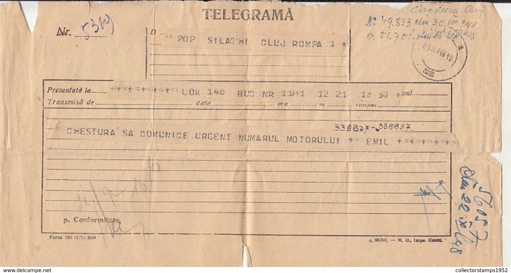 89631- TELEGRAMME SENT FROM BUCHAREST TO CLUJ NAPOCA, 1948, ROMANIA - Telegraph