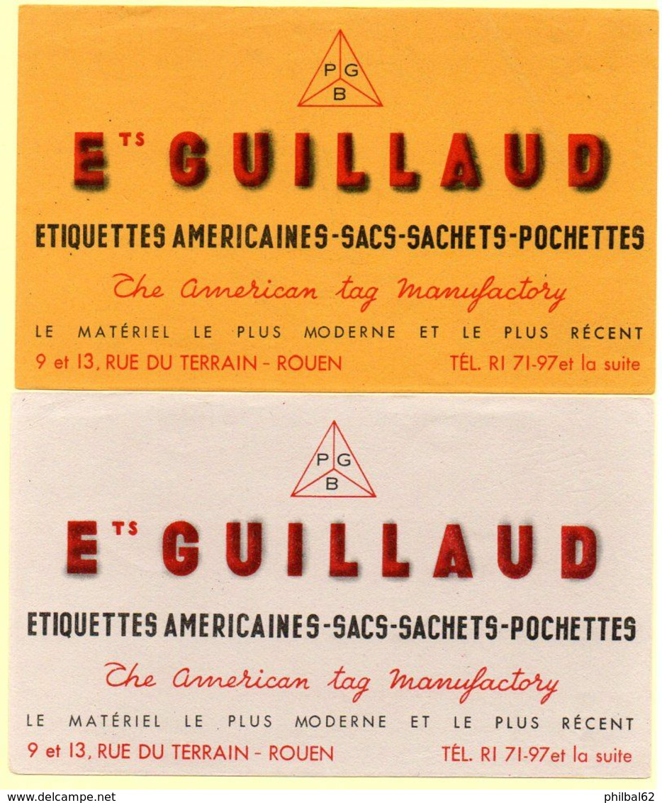 2 Buvard Ets. Guillaud, étiquettes Américaines, Sacs, Sachets, Pochettes. Rue Du Terrain à Rouen. - Stationeries (flat Articles)