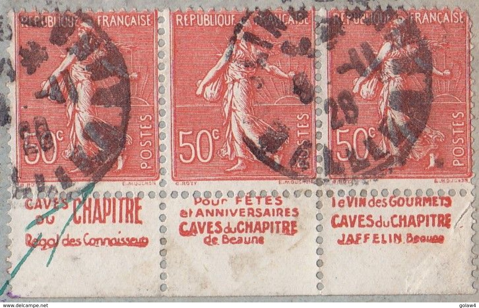 21265# SEMEUSE LIGNEE BANDE DE 3 BANDE PUB CARNET JAFFELIN CAVES Obl MOULINS ALLIER 1928 BUDAPEST HONGRIE - Sonstige & Ohne Zuordnung