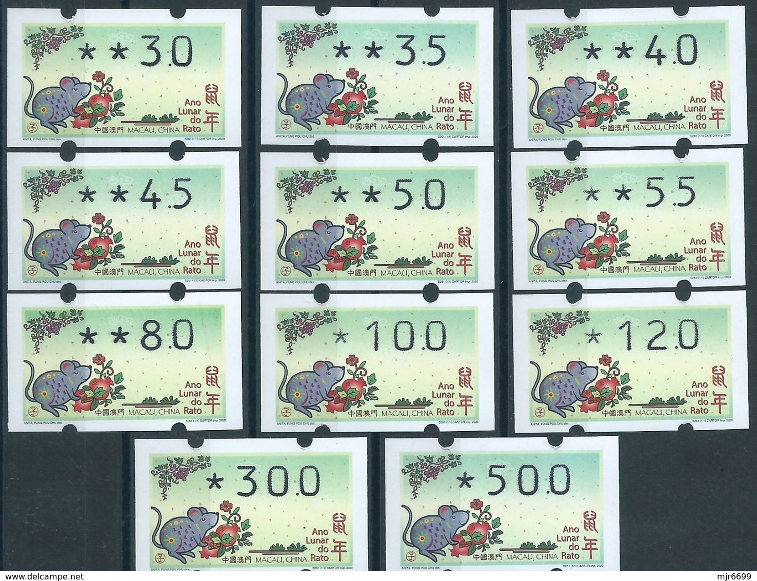 MACAU 2020 ZODIAC YEAR OF THE RAT ATM LABELS KLUSSENDORF SET-B OF 11 VALUES - Automatenmarken