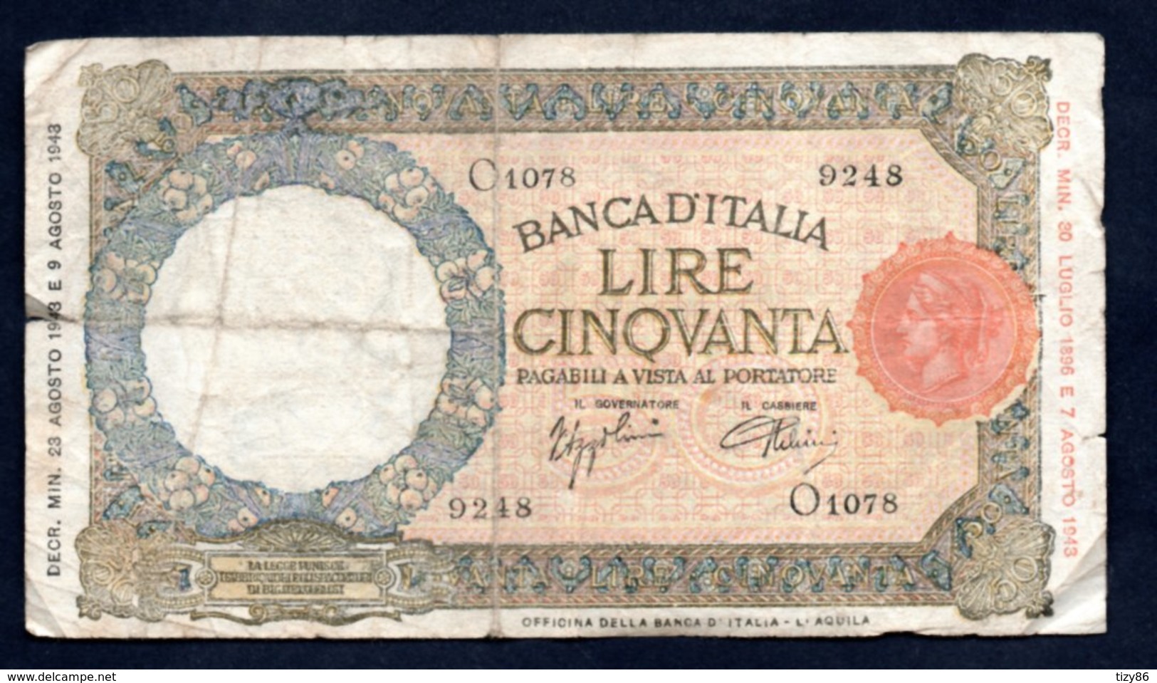 Banconota Banca D'Italia £ 50 Lupetta - Fascio 23-8-1943 R3 - 50 Lire