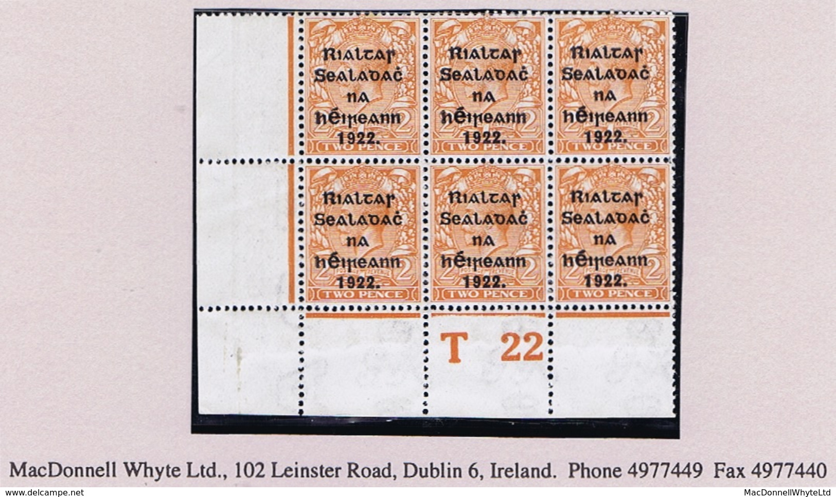 Ireland 1922 Thom Rialtas Blue-black 2d Control T22 Perf Block Of 6 Mint Unmounted, Small Tone On Reverse - Unused Stamps