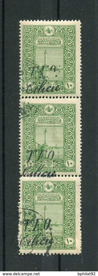 !!! CILICIE, BANDE DE 3 DU N°57 SURCHARGES DECALEES ET PARTIELLES OBLITEREE - Used Stamps