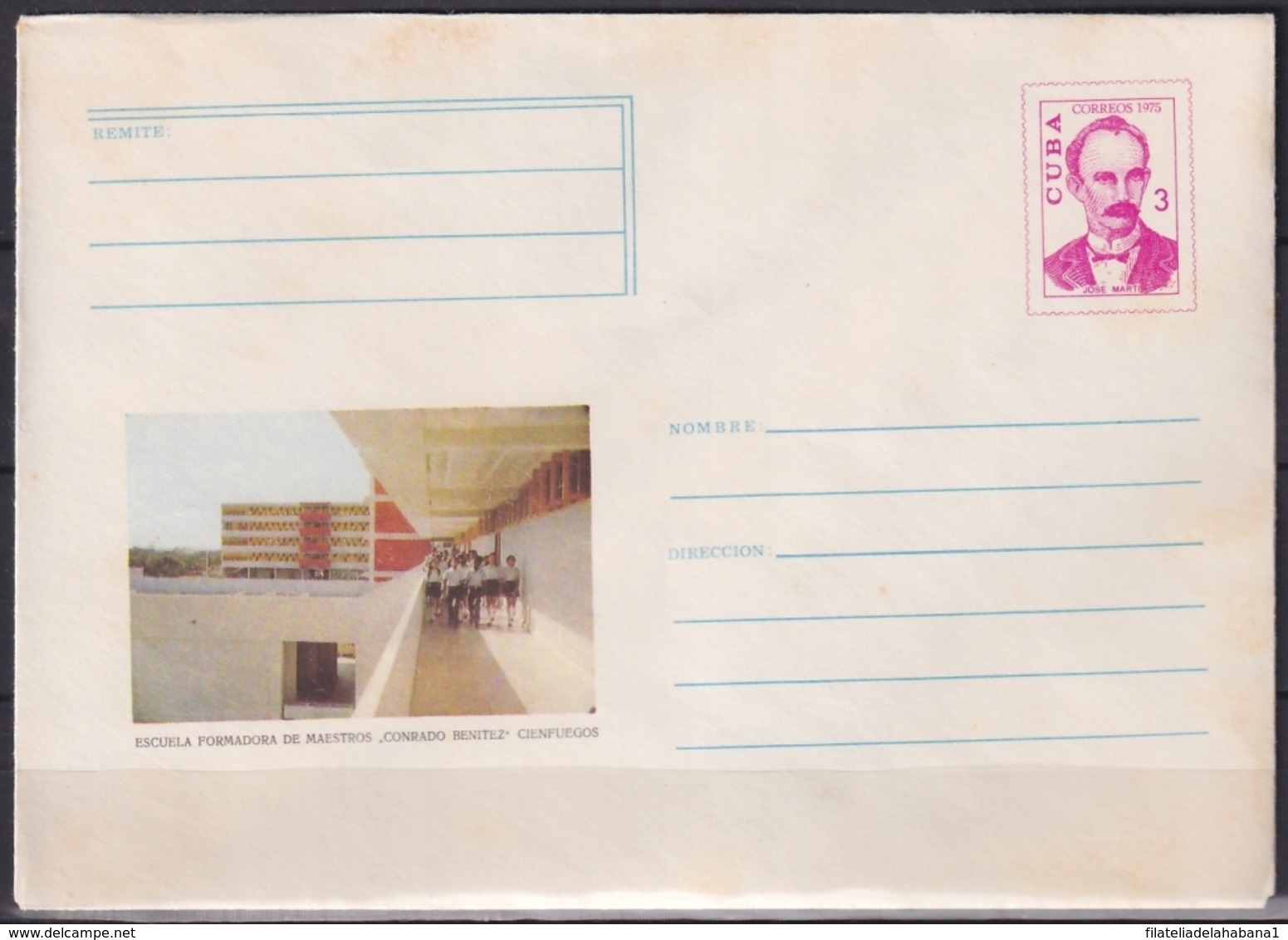 1975-EP-105 CUBA 1975 3c POSTAL STATIONERY COVER. CIENFUEGOS, ESCUELA FORMADORA MAESTROS CONRADO BENITEZ - Lettres & Documents