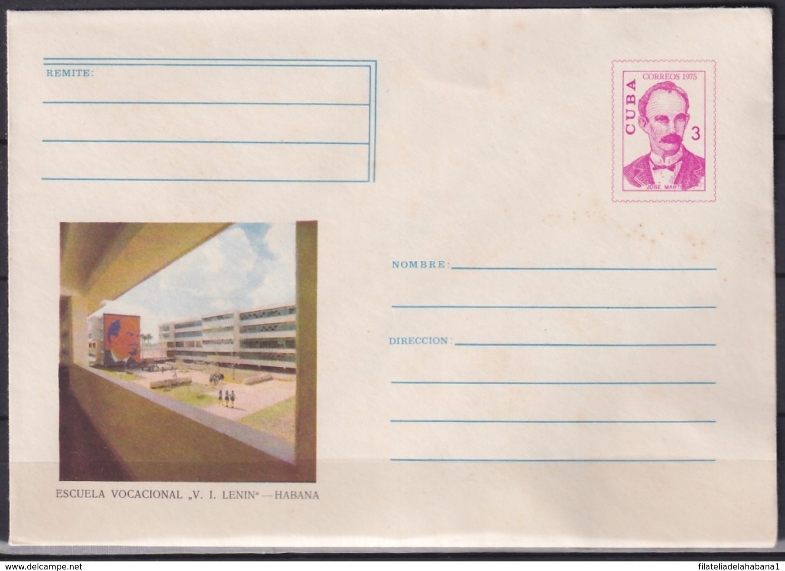 1975-EP-113 CUBA 1975 3c POSTAL STATIONERY COVER. HAVANA, ESCUELA VOCACIONAL LENIN. MANCHAS. - Storia Postale