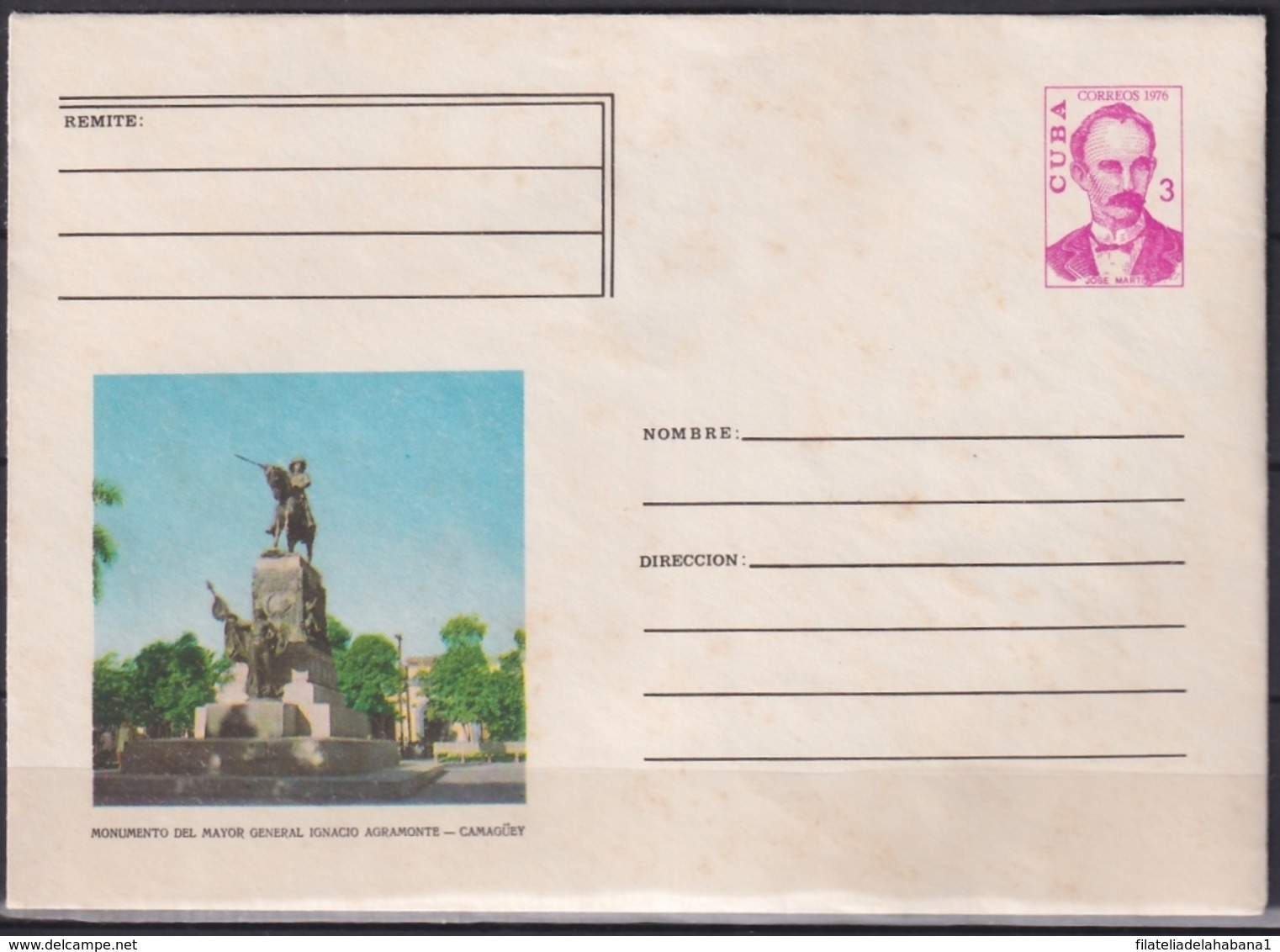 1976-EP-83 CUBA 1976 3c POSTAL STATIONERY COVER. CAMAGUEY. MONUMENTO A IGNACIO AGRAMONTE. MANCHAS. - Briefe U. Dokumente