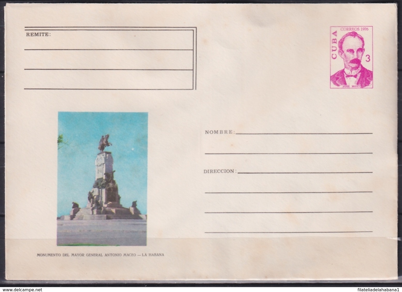 1976-EP-84 CUBA 1976 3c POSTAL STATIONERY COVER. HAVANA. MONUMENTO A ANTONIO MACEO. - Covers & Documents