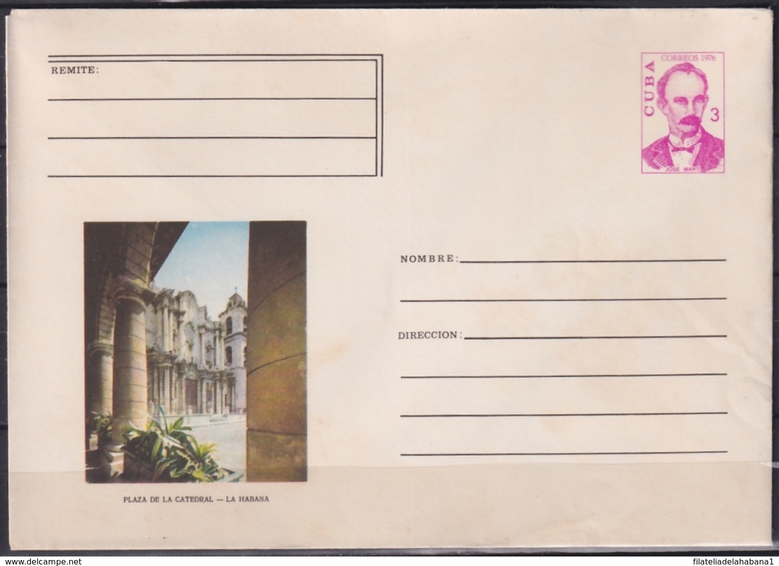 1976-EP-88 CUBA 1976 3c POSTAL STATIONERY COVER. HAVANA. CATHEDRAL CHURCH. LIGERAS MANCHAS. - Cartas & Documentos