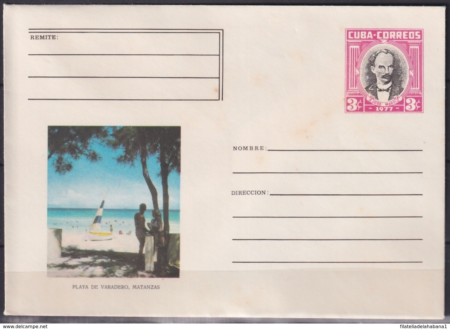 1977-EP-61 CUBA 1977 3c POSTAL STATIONERY COVER. MATANZAS, PLAYA DE VARADERO BEACH LIGERAS MANCHAS. - Covers & Documents