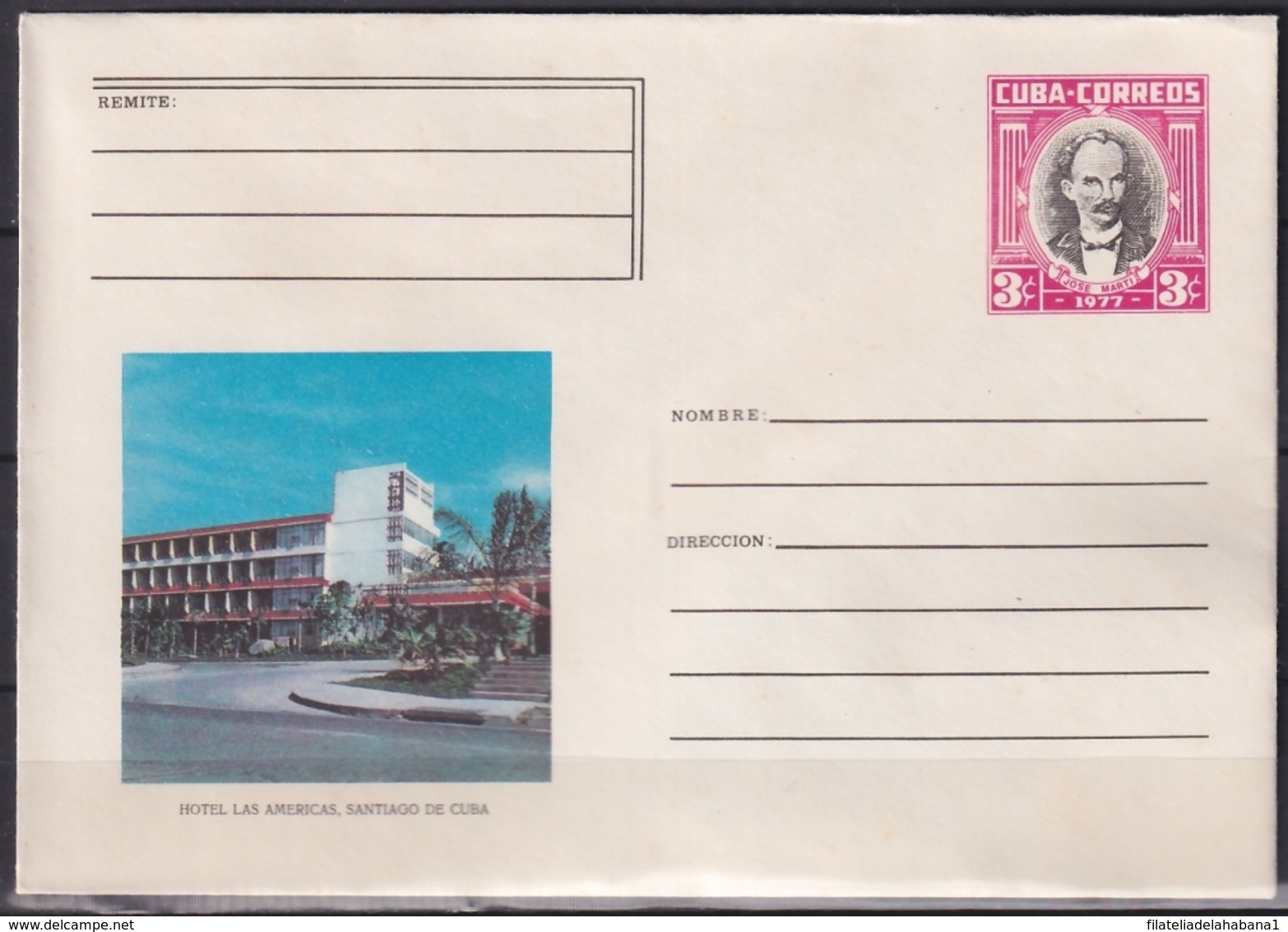 1977-EP-63 CUBA 1977 3c POSTAL STATIONERY COVER. SANTIAGO DE CUBA, HOTEL LAS AMERICAS. - Covers & Documents